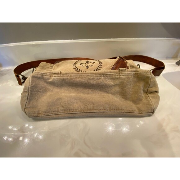 Boho Canvas & Leather Fleur De Lis Messenger Vintage Chic Look Crossbody Bag - Picture 8 of 11